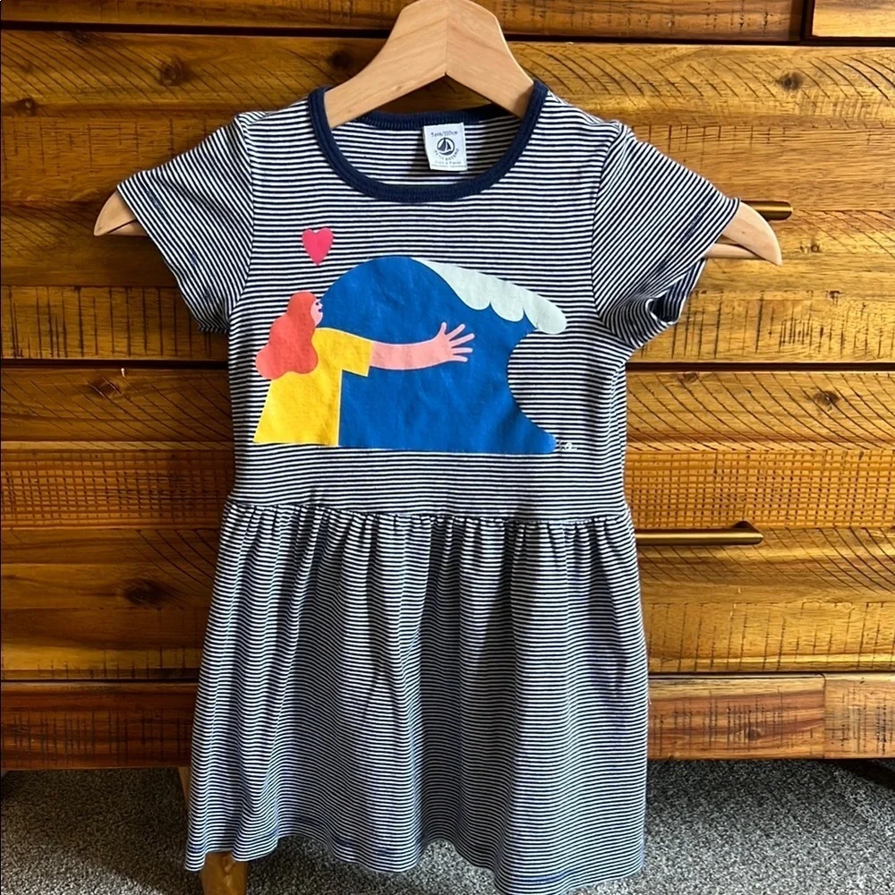 PETIT BATEAU X WATER FAMILY GIRLS' DRESS Striped Kids Dress with Wave Print